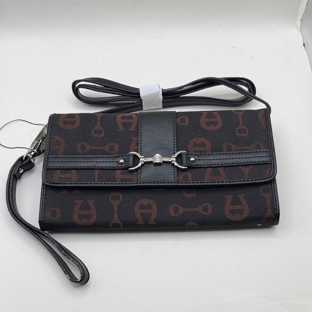 NWT Vtg Etienne Aigner Crossbody Convertible Clutch Wristlet Purse Brown Black - Picture 1 of 16